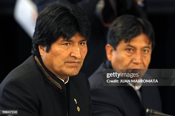 Bolivian President Evo Morales and his Foreign Minister David Choquehuanca attend a session of the Union of South American Nations presidential...
