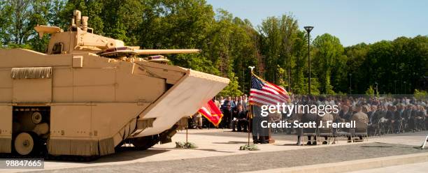 May 4: The U.S. Marines' newest Expeditionary Fighting Vehicle prototype as it sits in front of the National Museum of the Marine Corps in Triangle....