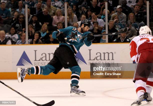 Joe Thornton of the San Jose Sharks takes a shot on goal during their game against the Detroit Red Wings in Game Two of the Western Conference...