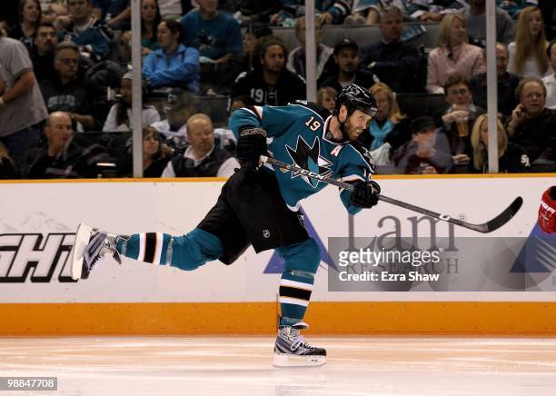 Joe Thornton of the San Jose Sharks takes a shot on goal during their game against the Detroit Red Wings in Game Two of the Western Conference...