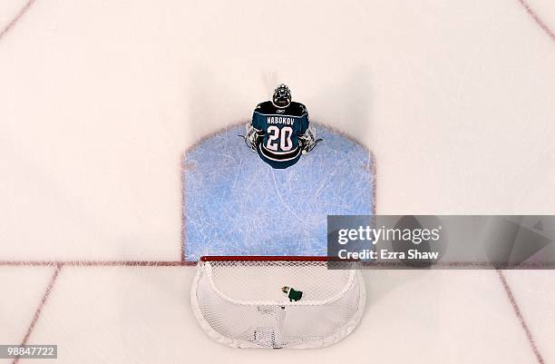 Evgeni Nabokov of the San Jose Sharks plays in the goal against the Detroit Red Wings in Game Two of the Western Conference Semifinals during the...