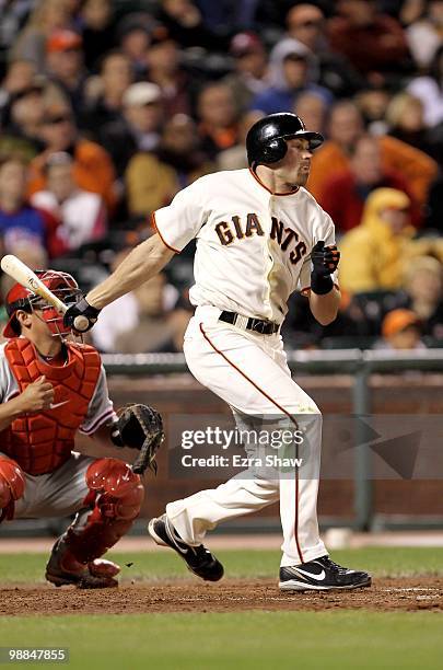 Nate Schierholtz of the San Francisco Giants bats against the Philadelphia Phillies at AT&T Park on April 27, 2010 in San Francisco, California.