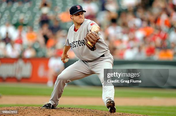 Jonathan Papelbon of the Boston Red Sox pitches against the Baltimore Orioles at Camden Yards on May 2, 2010 in Baltimore, Maryland.