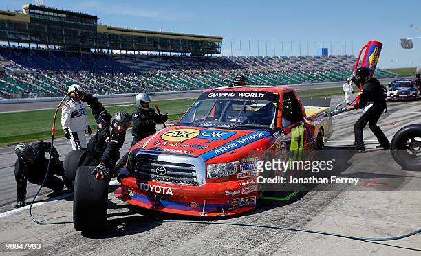 Aric Almirola pits his Graceway Pharmaceuticals Toyota during for the NASCAR Camping World Truck Series O'Reilly Auto Parts 250 on May 2, 2010 at...
