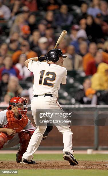 Nate Schierholtz of the San Francisco Giants bats against the Philadelphia Phillies at AT&T Park on April 27, 2010 in San Francisco, California.