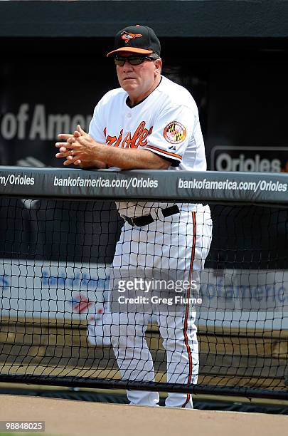 Manager Dave Trembley of the Baltimore Orioles watches the game against the Boston Red Sox at Camden Yards on May 2, 2010 in Baltimore, Maryland.