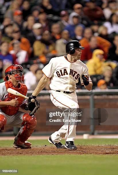 Nate Schierholtz of the San Francisco Giants bats against the Philadelphia Phillies at AT&T Park on April 27, 2010 in San Francisco, California.