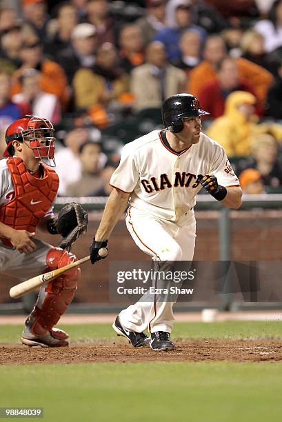 Nate Schierholtz of the San Francisco Giants bats against the Philadelphia Phillies at AT&T Park on April 27, 2010 in San Francisco, California.