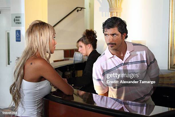 Alejandra Pinzon and Paulo Cesar Quevedo are seen on the set of tv show "Hotel South Beach Caliente" on May 4, 2010 in Miami Beach, Florida.