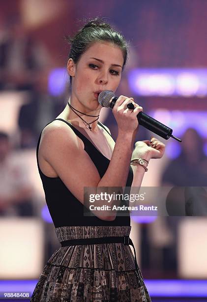 Singer Lena Meyer-Landrut performs during the SKL show 'Tag des Gluecks' at Tempodrom on May 4, 2010 in Berlin, Germany.