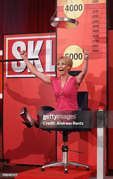Sonja Zietlow reacts during the SKL show 'Tag des Gluecks' at Tempodrom on May 4, 2010 in Berlin, Germany.