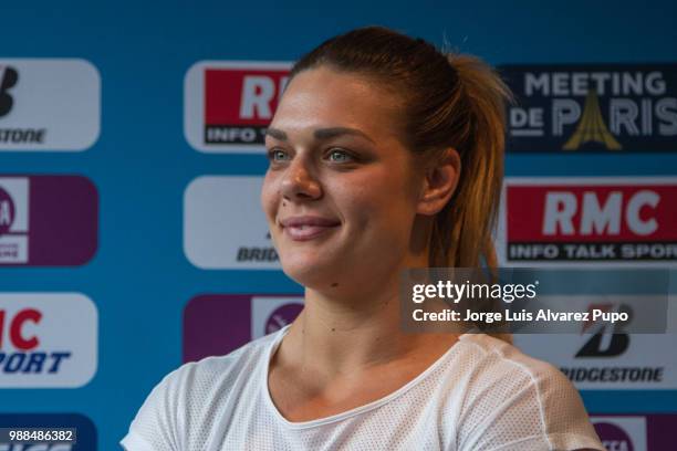 Sandra Perkovic of Croatia speaks during the press conference of Meeting de Paris of the IAAF Diamond League 2017 at the Paris Marriot Rive Gauche...