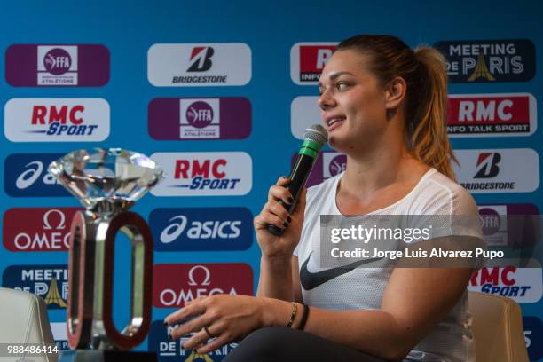 Sandra Perkovic of Croatia speaks during the press conference of Meeting de Paris of the IAAF Diamond League 2017 at the Paris Marriot Rive Gauche...