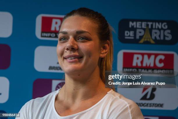 Sandra Perkovic of Croatia speaks during the press conference of Meeting de Paris of the IAAF Diamond League 2017 at the Paris Marriot Rive Gauche...