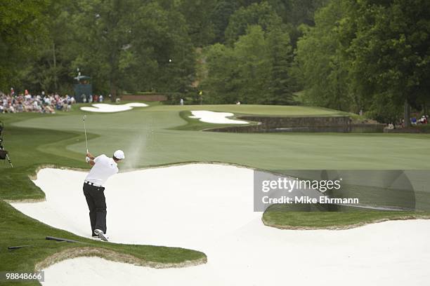 Quail Hollow Championship: Dustin Johnson in action, shot from bunker on No 7 during Saturday play at Quail Hollow Club. Charlotte, NC 5/1/2010...