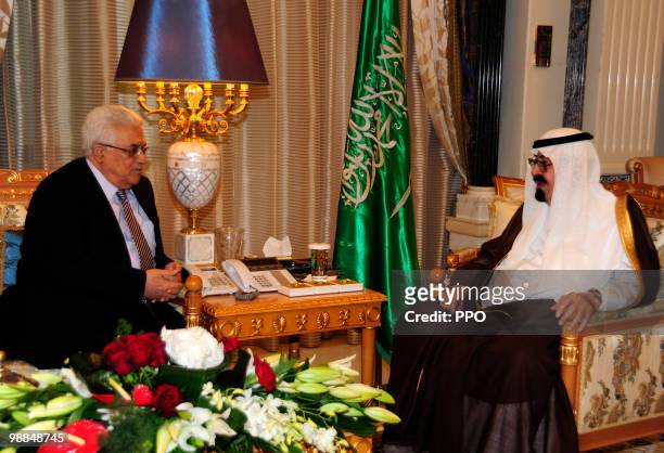 In this handout image supplied by the Palestinian Press Office , Palestinian President Mahmoud Abbas meets with King Abdullah bin Abdul Aziz of Saudi...