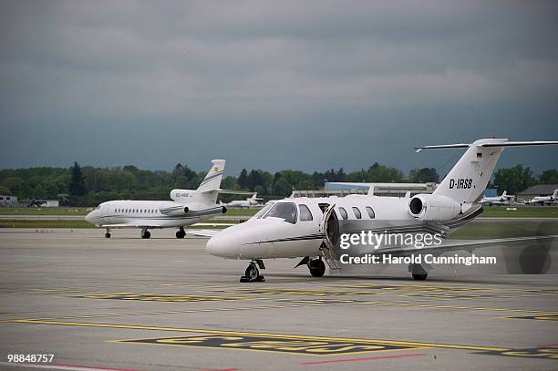 An aircraft is parked on Geneva's International Airport tarmac during the 10th annual European Business Aviation Convention and Exhibition on May 4,...