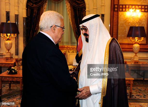 In this handout image supplied by the Palestinian Press Office , Palestinian President Mahmoud Abbas meets with King Abdullah bin Abdul Aziz of Saudi...