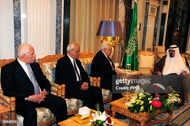 In this handout image supplied by the Palestinian Press Office , Palestinian President Mahmoud Abbas meets with King Abdullah bin Abdul Aziz of Saudi...