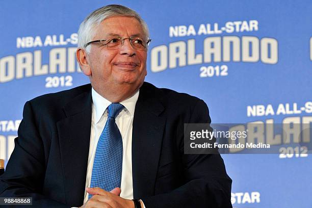 Commissioner David Stern addresses the media after announcing that Orlando will host the 2012 NBA All-Star Game during a press conference at the...