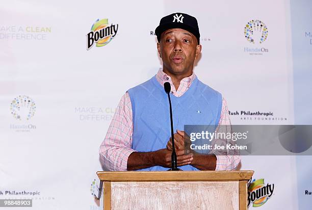 Entrepreneur Russell Simmons attends the Bounty "Make a Clean Difference" event at P.S. 165 on May 4, 2010 in New York City. Procter & Gamble's...