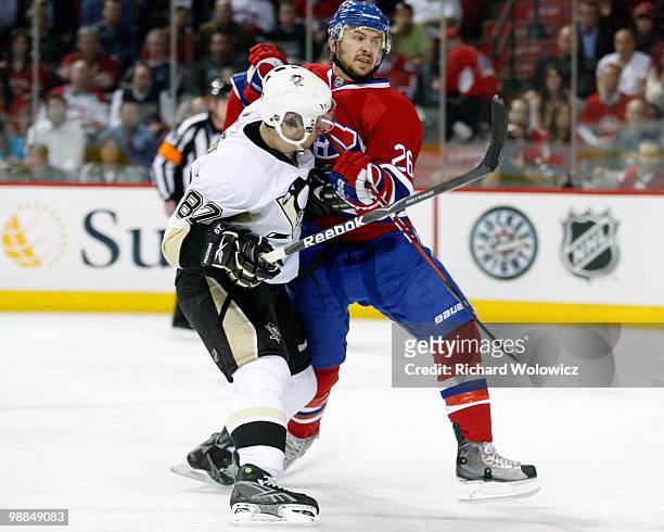 Josh Gorges of the Montreal Canadiens defends against Sidney Crosby of the Pittsburgh Penguins in Game Three of the Eastern Conference Semifinals...