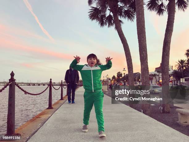 family walking along the water at sunset in st. augustine - striding stock pictures, royalty-free photos & images