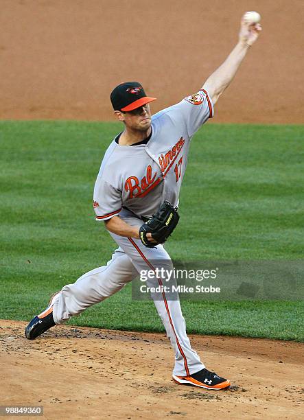 Brian Matusz of the Baltimore Orioles delivers a pitch in the first inning against the New York Yankees at Yankee Stadium on May 4, 2010 in the Bronx...