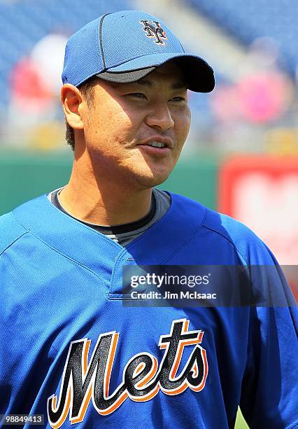 Hisanori Takahashi of the New York Mets looks on during batting practice before playing the Philadelphia Phillies at Citizens Bank Park on May 1,...