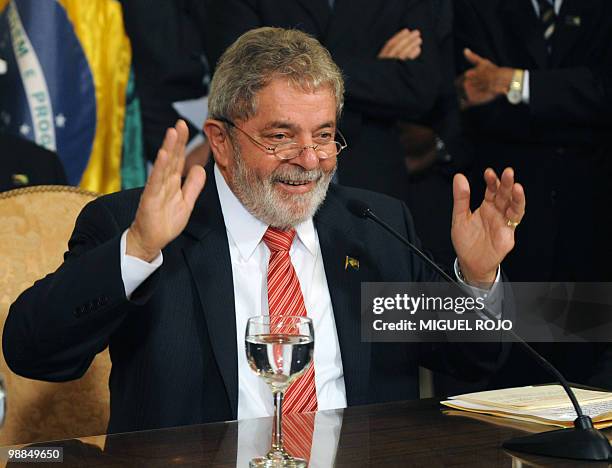 Brazilian President Luiz Inacio Lula Da Silva speaks during a joint press conference with his Uruguayan counterpart Jose Mujica on May 4, 2010 in...