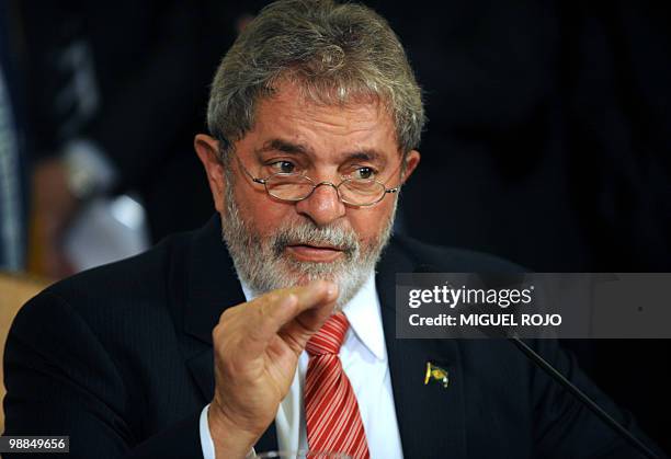 Brazilian President Luiz Inacio Lula Da Silva speaks during a joint press conference with his Uruguayan counterpart Jose Mujica on May 4, 2010 in...