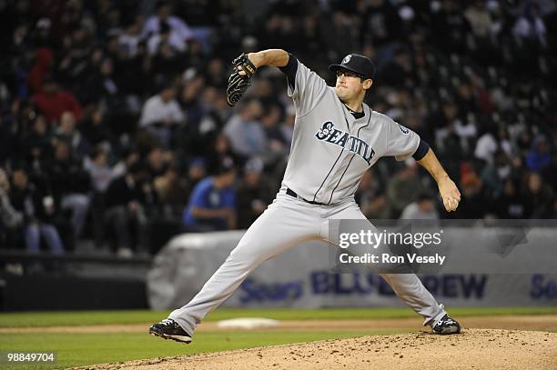 Ryan Rowland-Smith of the Seattle Mariners pitches against the Chicago White Sox on April 23, 2010 at U.S. Cellular Field in Chicago, Illinois. The...