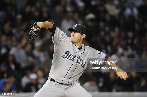 Ryan Rowland-Smith of the Seattle Mariners pitches against the Chicago White Sox on April 23, 2010 at U.S. Cellular Field in Chicago, Illinois. The...