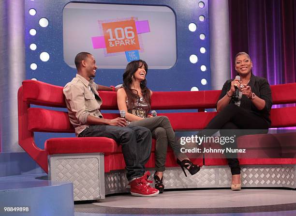 Queen Latifah visits BET's "106 & Park" with hosts Rocsi and Terrence J. At BET Studios on May 3, 2010 in New York City.