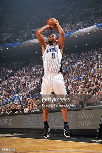 Rashard Lewis of the Orlando Magic shoots against the Atlanta Hawks in Game One of the Eastern Conference Semifinals during the 2010 NBA Playoffs on...