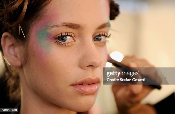 Model prepares backstage ahead of the Alice McCall collection show on the third day of Rosemount Australian Fashion Week Spring/Summer 2010/11 at the...