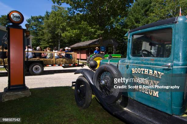 hayride tour of the boothbay railway village, boothbay maine - hayride stock pictures, royalty-free photos & images