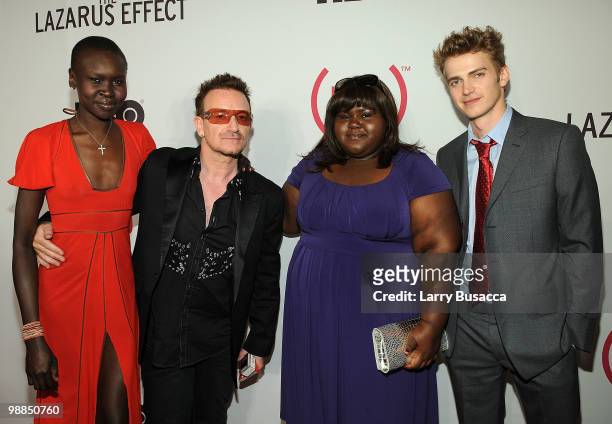 Model Alek Wek, Co-founder of Bono, and actors Gabourey Sidibe and Hayden Christensen pose at the New York premiere of "The Lazarus Effect" at The...