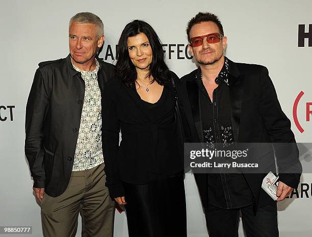 Musician Adam Clayton, Ali Hewson, and Co-Founder Bono attend the New York premiere of "The Lazarus Effect" at The Museum of Modern Art on May 4,...