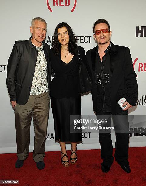 Musician Adam Clayton, Ali Hewson, and Co-Founder Bono attend the New York premiere of "The Lazarus Effect" at The Museum of Modern Art on May 4,...