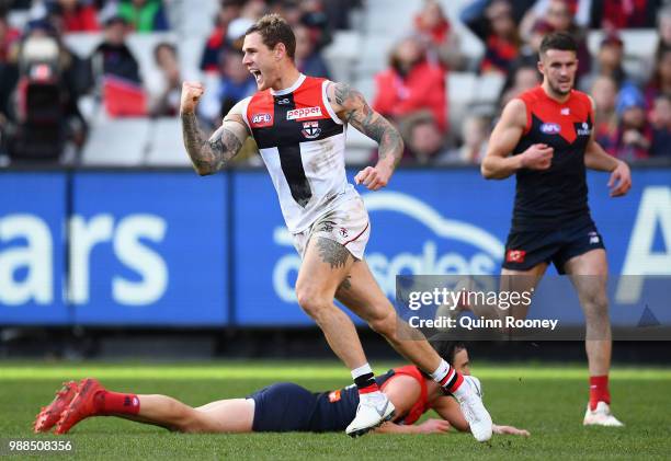 Tim Membrey of the Saints celebrates kicking a goal during the round 15 AFL match between the Melbourne Demons and the St Kilda Saints at Melbourne...