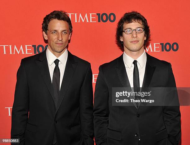 Actors Seth Meyers and Andy Samberg attend Time's 100 most influential people in the world gala at Frederick P. Rose Hall, Jazz at Lincoln Center on...