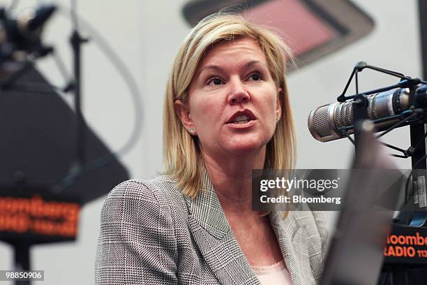 Meredith Whitney, chief executive officer of Meredith Whitney Advisory Group LLC, speaks during a Bloomberg Surveillance broadcast in New York, U.S.,...