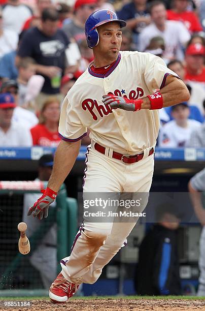 Raul Ibanez of the Philadelphia Phillies in action against the New York Mets at Citizens Bank Park on May 1, 2010 in Philadelphia, Pennsylvania. The...