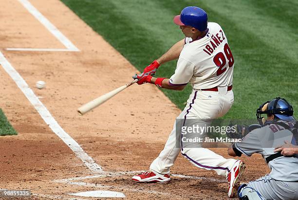 Raul Ibanez of the Philadelphia Phillies in action against the New York Mets at Citizens Bank Park on May 1, 2010 in Philadelphia, Pennsylvania. The...