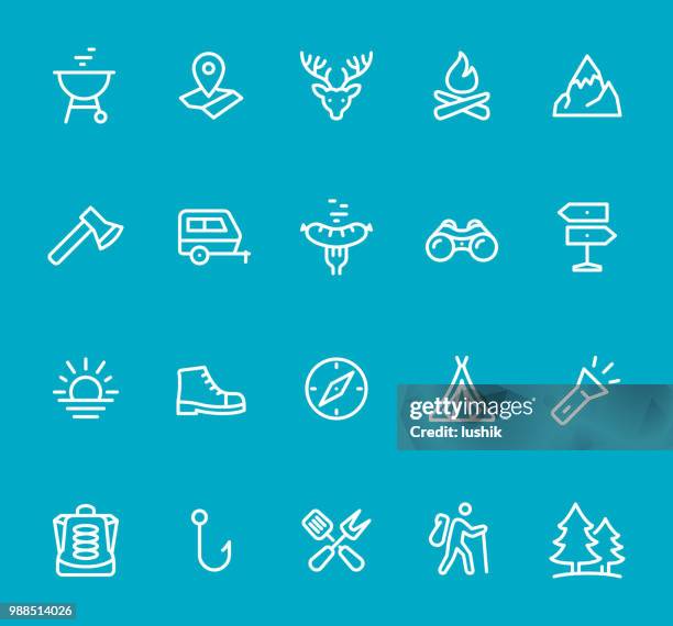 tourism - line icon set - backpacking mountain stock illustrations