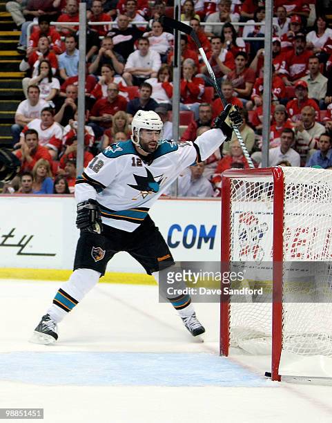 Patrick Marleau of the San Jose Sharks celebrates his overtime game-winning goal against the Detroit Red Wings in Game Three of the Western...