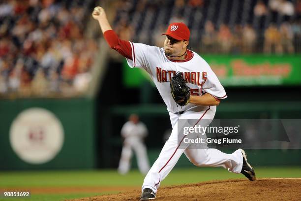 Matt Capps of the Washington Nationals pitches against the Atlanta Braves at Nationals Park on May 4, 2010 in Washington, DC.