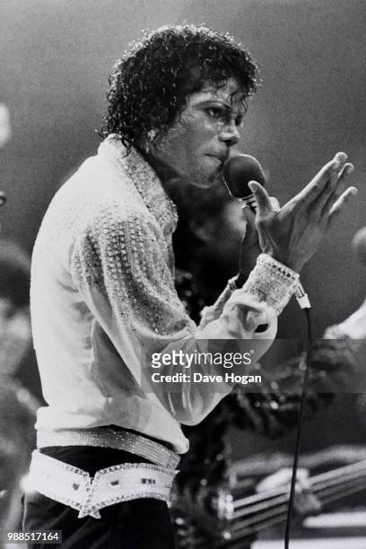 American singer Michael Jackson performing on stage, 1984.
