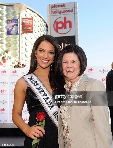 Miss Nevada 2010 Julianna Erdesz poses for photos with Planet Hollywood President Marilyn Winn at the Miss USA 2010 welcoming ceremony at Planet...